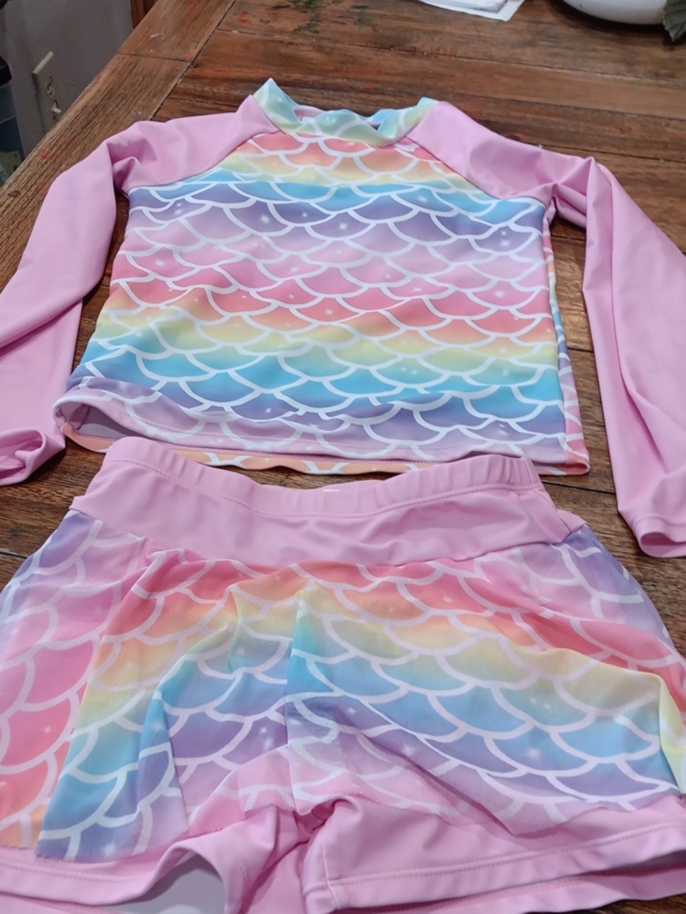 Girls Pink Rainbow Mermaid-Scale Rashguard Swim Set